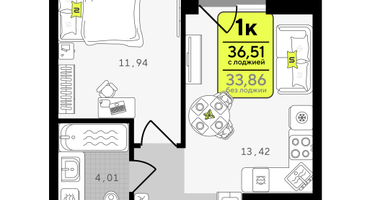 1-к. квартира, 36&nbsp;м²