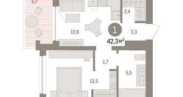 1-к. квартира, 42 м²