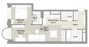 1-к. квартира, 49&nbsp;м²