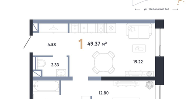1-к. квартира, 49 м²