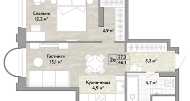 1-к. квартира, 46&nbsp;м²