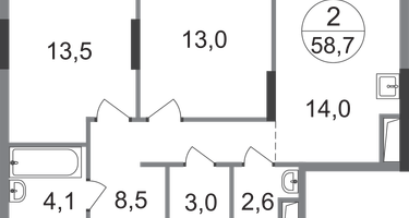 2-к. квартира, 58&nbsp;м²