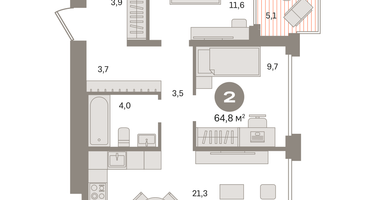 2-к. квартира, 64&nbsp;м²