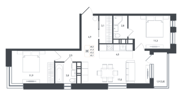 3-к. квартира, 63&nbsp;м²