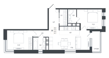 3-к. квартира, 63&nbsp;м²