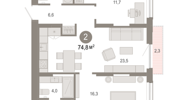 2-к. квартира, 74 м²