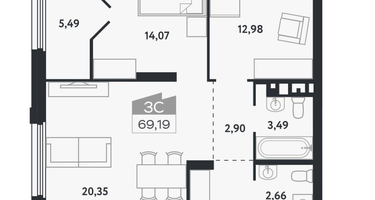 3-к. квартира, 69&nbsp;м²