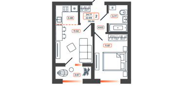 2-к. квартира, 38&nbsp;м²