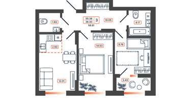 3-к. квартира, 58&nbsp;м²