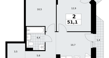 2-к. квартира, 51 м²