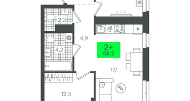 2-к. квартира, 58 м²