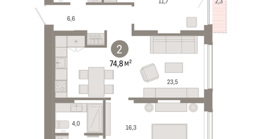 2-к. квартира, 74&nbsp;м²