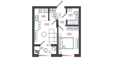 2-к. квартира, 38&nbsp;м²