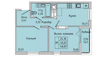 2-к. квартира, 46&nbsp;м²