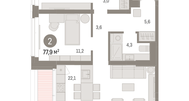 2-к. квартира, 77&nbsp;м²
