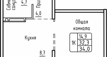 1-к. квартира, 34&nbsp;м²
