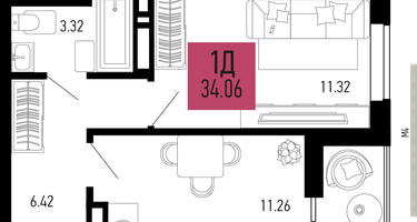 1-к. квартира, 34&nbsp;м²