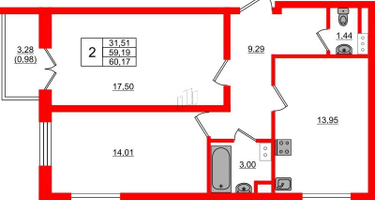2-к. квартира, 60&nbsp;м²