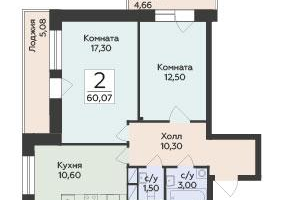 2-к. квартира, 60&nbsp;м²