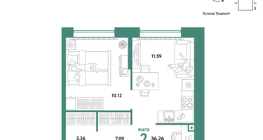2-к. квартира, 36 м²