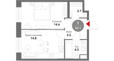 1-к. квартира, 42 м²