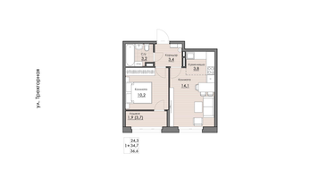 1-к. квартира, 36&nbsp;м²