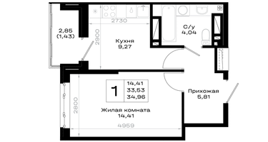 1-к. квартира, 34 м²