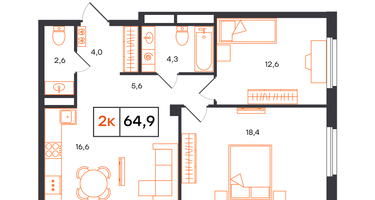 2-к. квартира, 64 м²