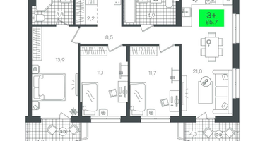 3-к. квартира, 85 м²