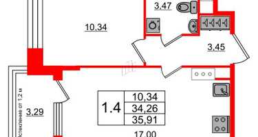 1-к. квартира, 34&nbsp;м²