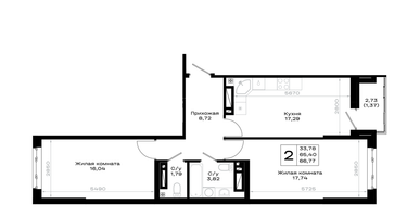 2-к. квартира, 66&nbsp;м²