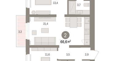 2-к. квартира, 66&nbsp;м²