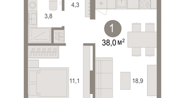 1-к. квартира, 38 м²