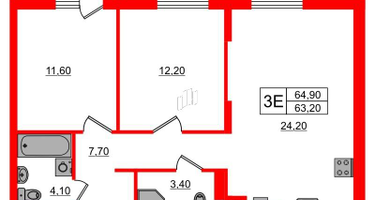 2-к. квартира, 64&nbsp;м²