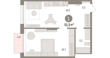 1-к. квартира, 50&nbsp;м²