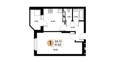 1-к. квартира, 39&nbsp;м²