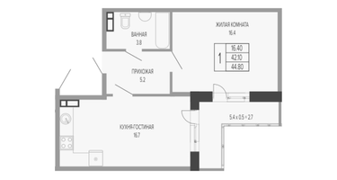 1-к. квартира, 45&nbsp;м²
