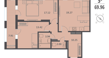 2-к. квартира, 69 м²