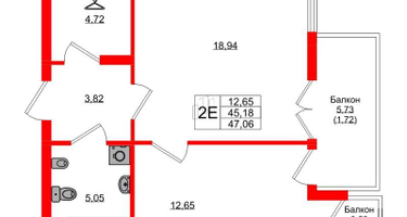 1-к. квартира, 47&nbsp;м²