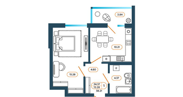 1-к. квартира, 38&nbsp;м²