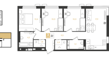 3-к. квартира, 69 м²