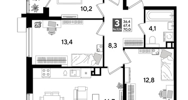 3-к. квартира, 70 м²