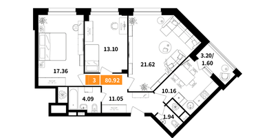 3-к. квартира, 80 м²