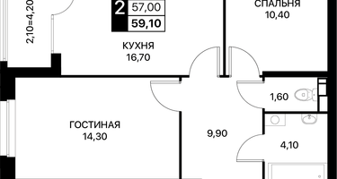2-к. квартира, 59&nbsp;м²