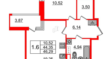 1-к. квартира, 44 м²
