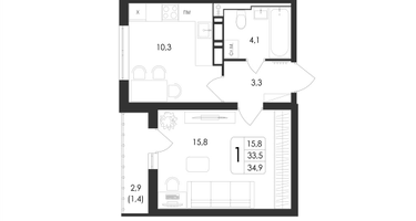 1-к. квартира, 34&nbsp;м²