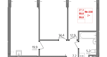 2-к. квартира, 59 м²