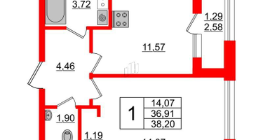 1-к. квартира, 38&nbsp;м²
