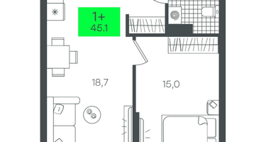 1-к. квартира, 45&nbsp;м²