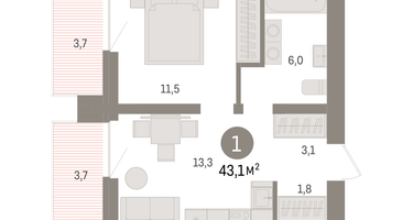 1-к. квартира, 43&nbsp;м²